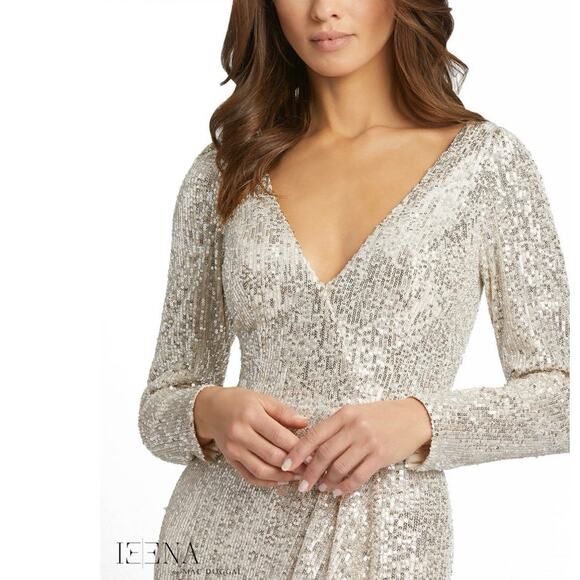 Ieena Mac Duggal Sequin Evening Gown White Champagne Leg Slit Size 16 - Picture 3 of 11